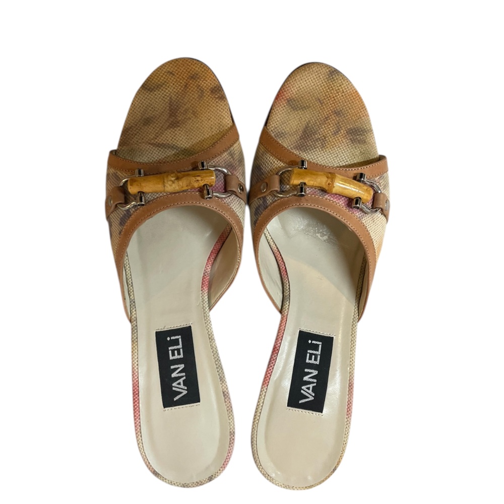VANELI Tan/Beige Floral Canvas/Leather Slides Mules Heels Shoes - Size 8.5 Slim - Picture 8 of 16